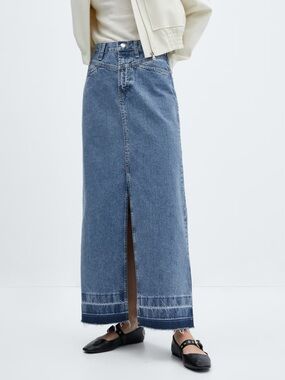 Mango Long Denim Frayed Hem Skirt